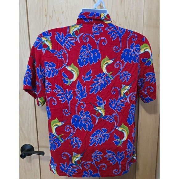 Vintage Hawaiian Fish Print Button-Up Shirt Short Sleeve Red - Picture 2 of 3